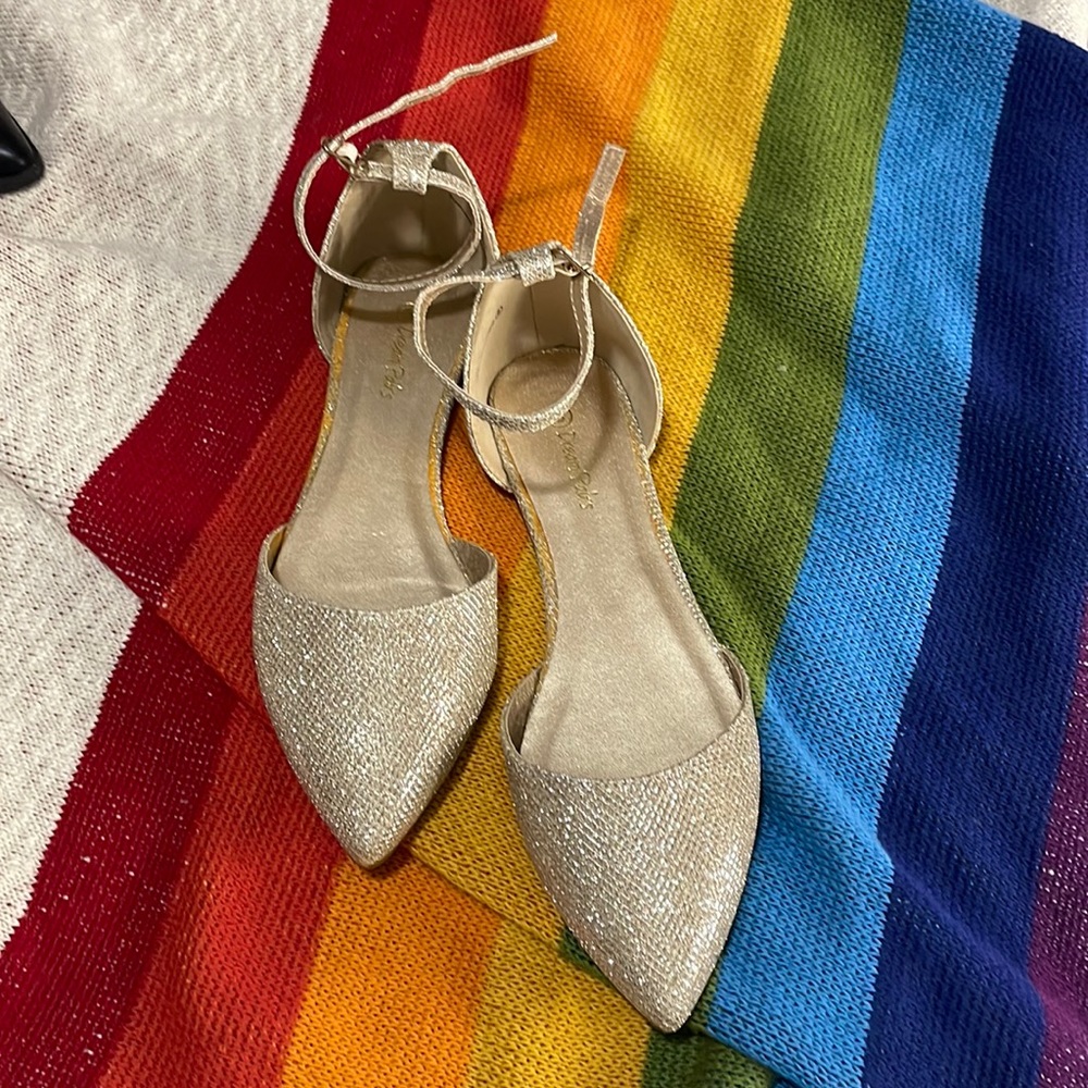 Gold glitter ankle strap flats